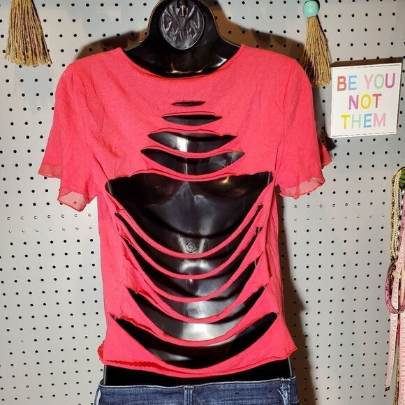 TRASHED Ripped Coral Scoopneck Blouse, Sz Small/Med, Custom Glammed Up Grunge! - Picture 3 of 7
